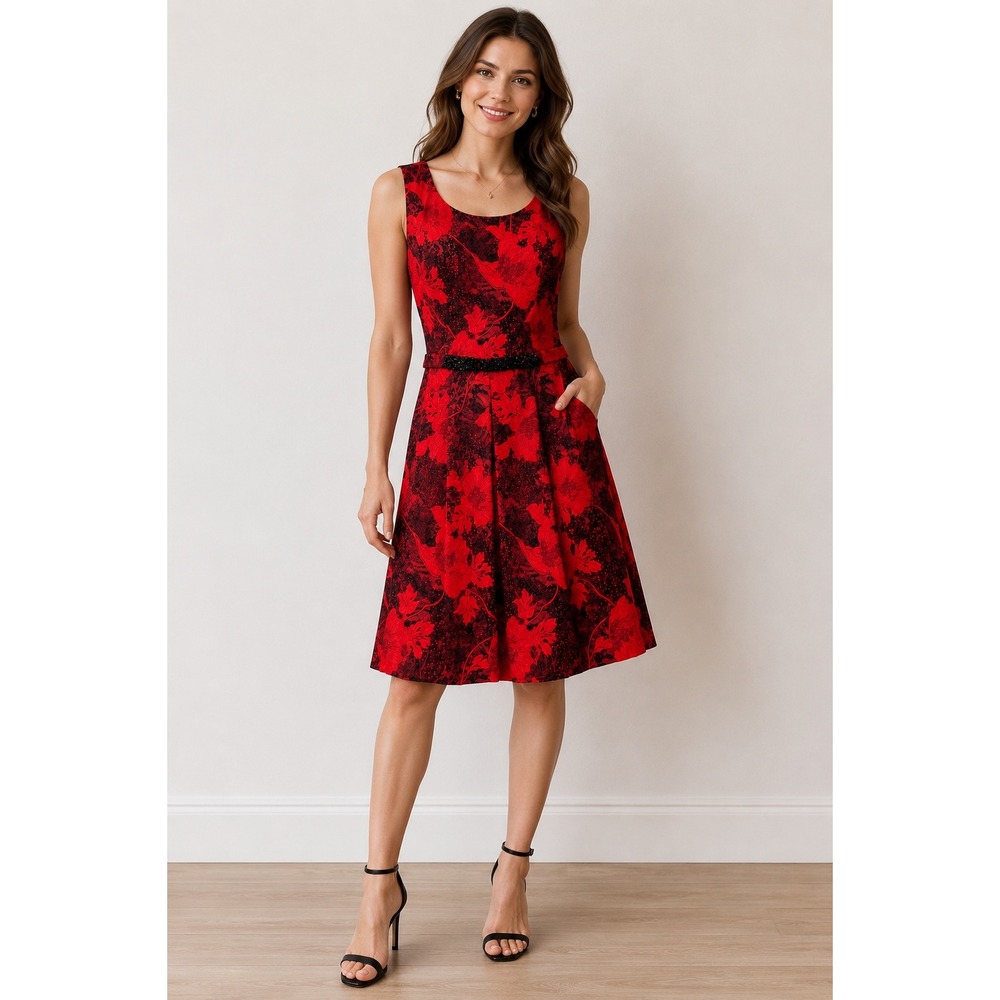 Rickie Freeman Teri Jon Cocktail Dress Womens 12 Red Black Floral Jacquard